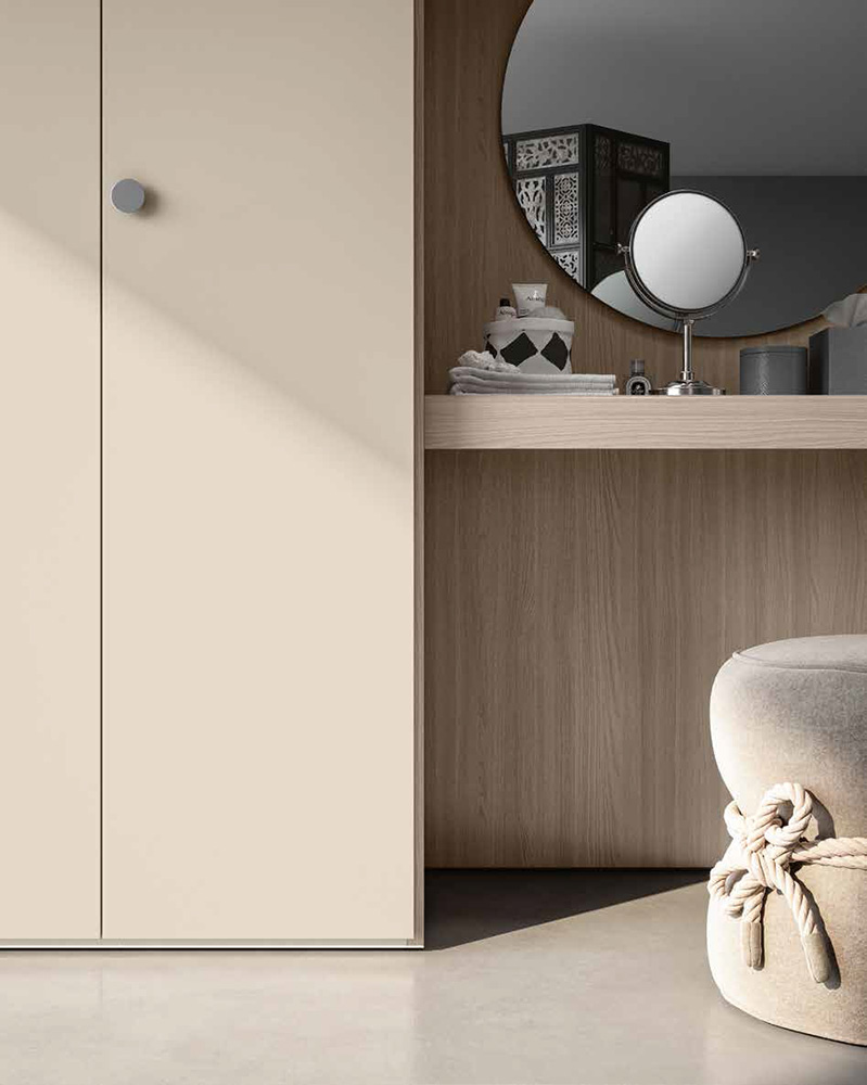 Armadio con scrivania, 5 ante battenti e 6 cassetti, Olmo natura e Orzo