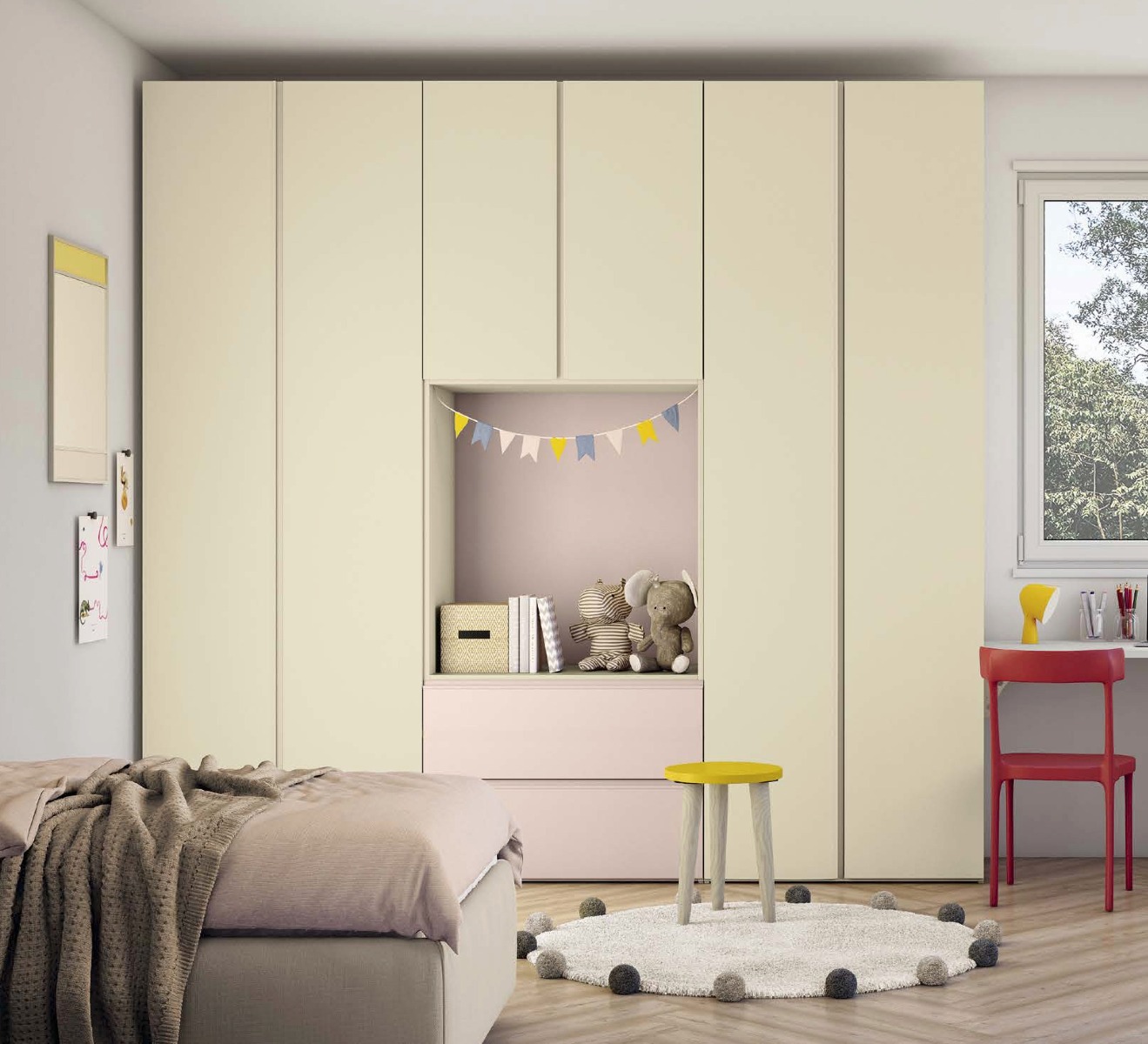 Armadio battente con vano e 6 ante, finitura Desert e Cipria