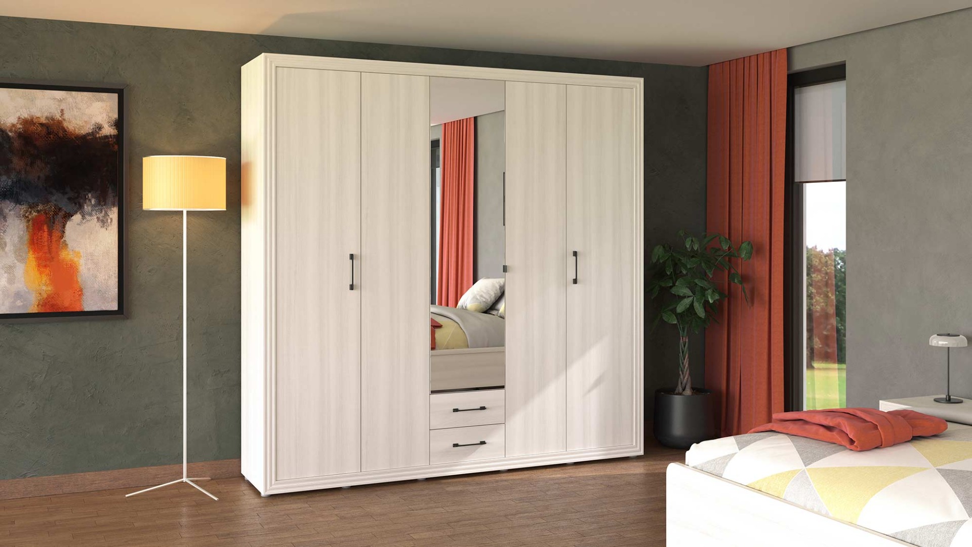 Nuovo Armadio di design battente, Bianco frassino con specchio centrale