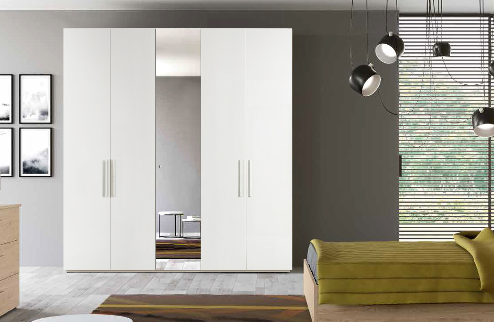 Armadio moderno finitura bianco nobilitato, 5 ante battenti con anta centrale a specchio
