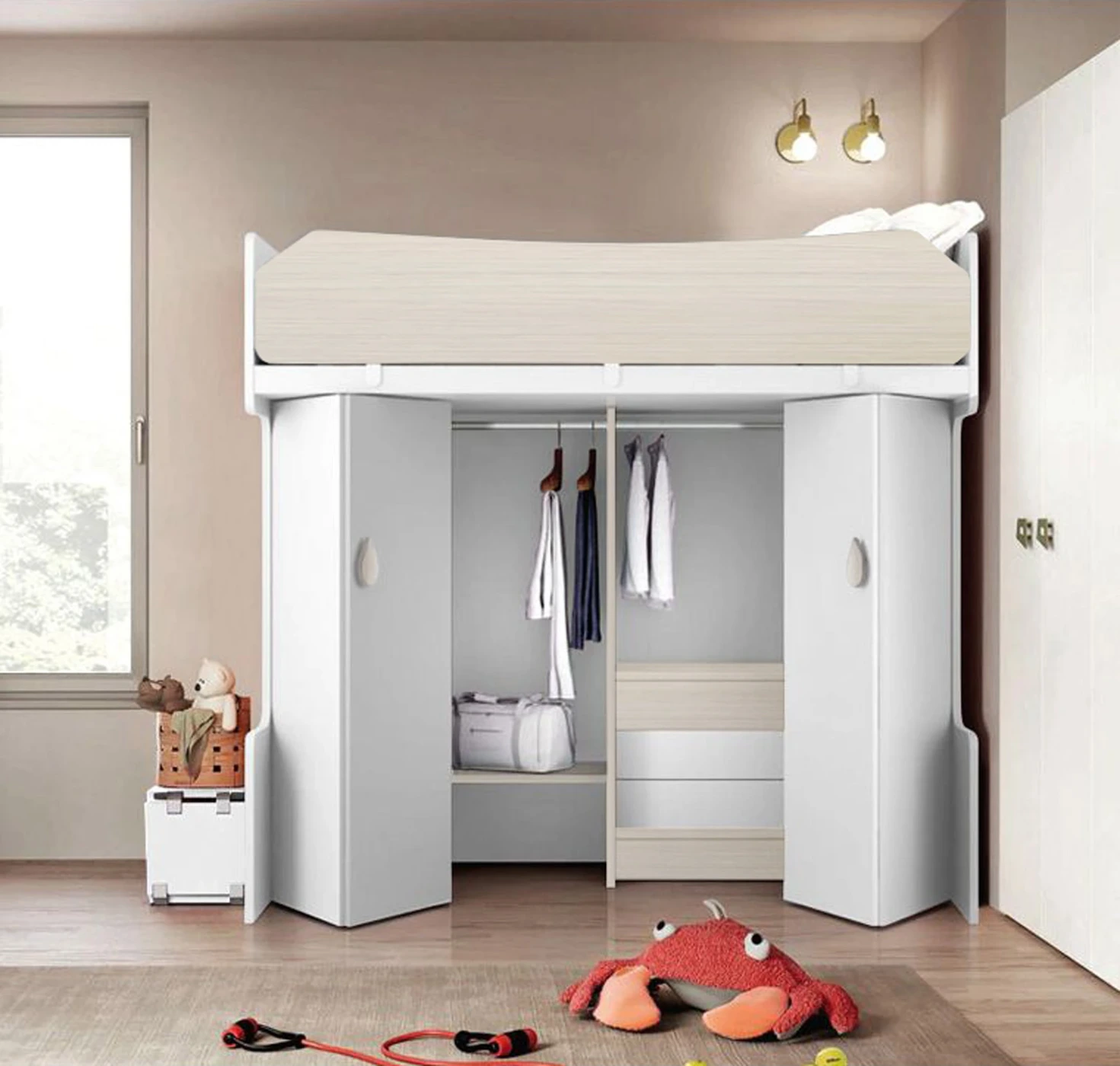 Letto a castello con armadio inferiore in finitura Bianco Opaco e Noce brina