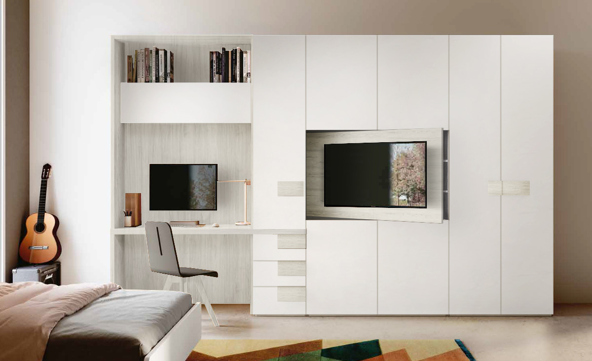 Armadio zona tv e scrivania, 7 ante in Bianco Altea e Bianco Opaco