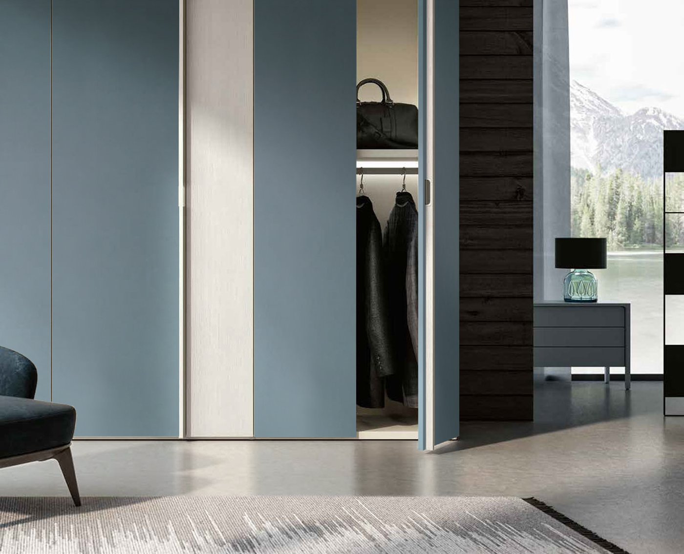 Armadio moderno 8 ante battenti, finitura Bianco larice e Petrolio