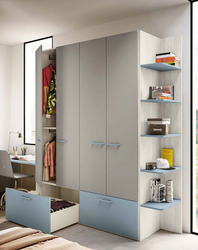 Armadio 2 cassetti, 4 ante, finitura Bianco altea, Carta da zucchero e Grigio seta