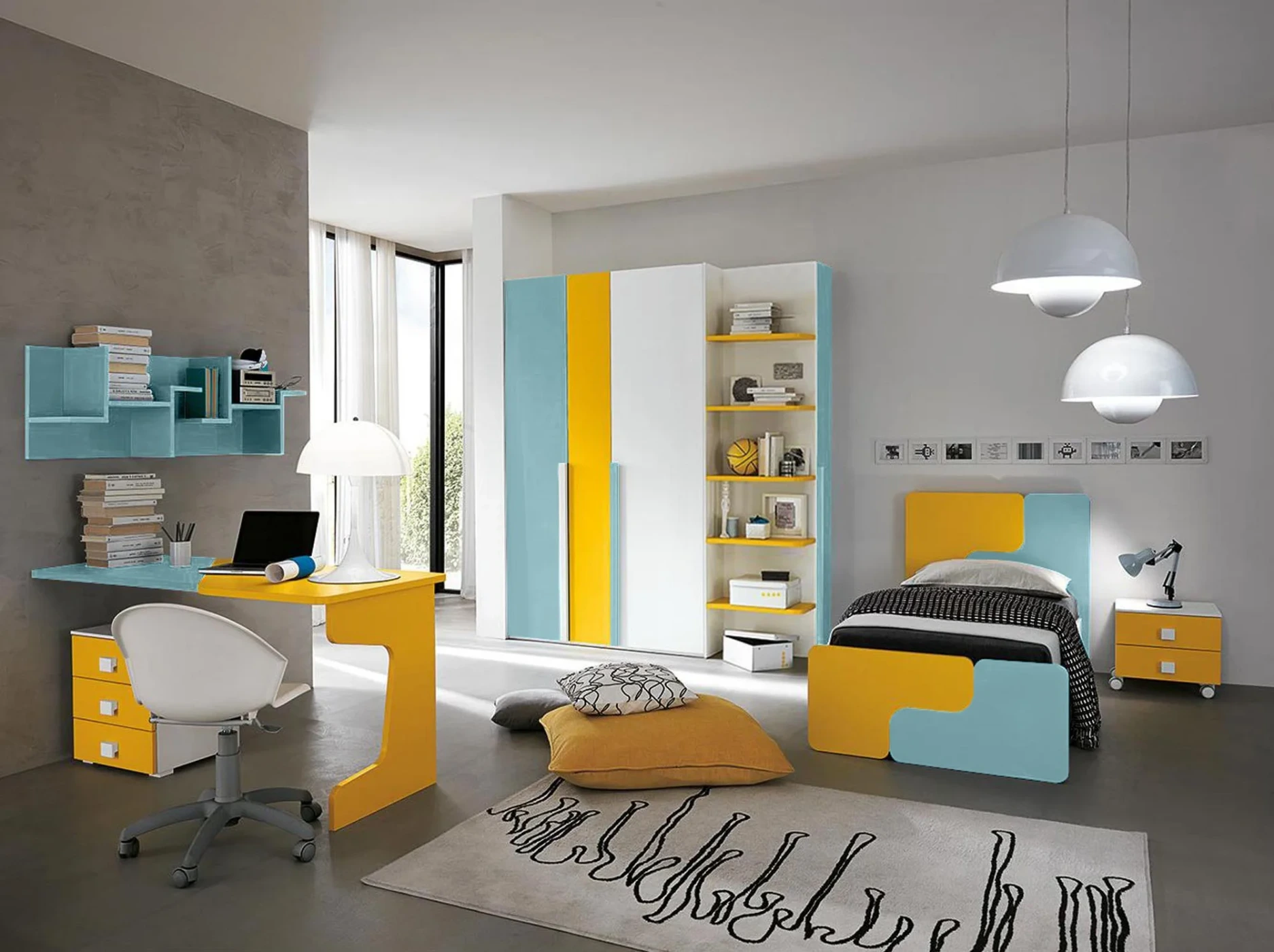 Armadio con scarpiera a 3 ante battenti, Celeste, Girasole e Bianco frassino