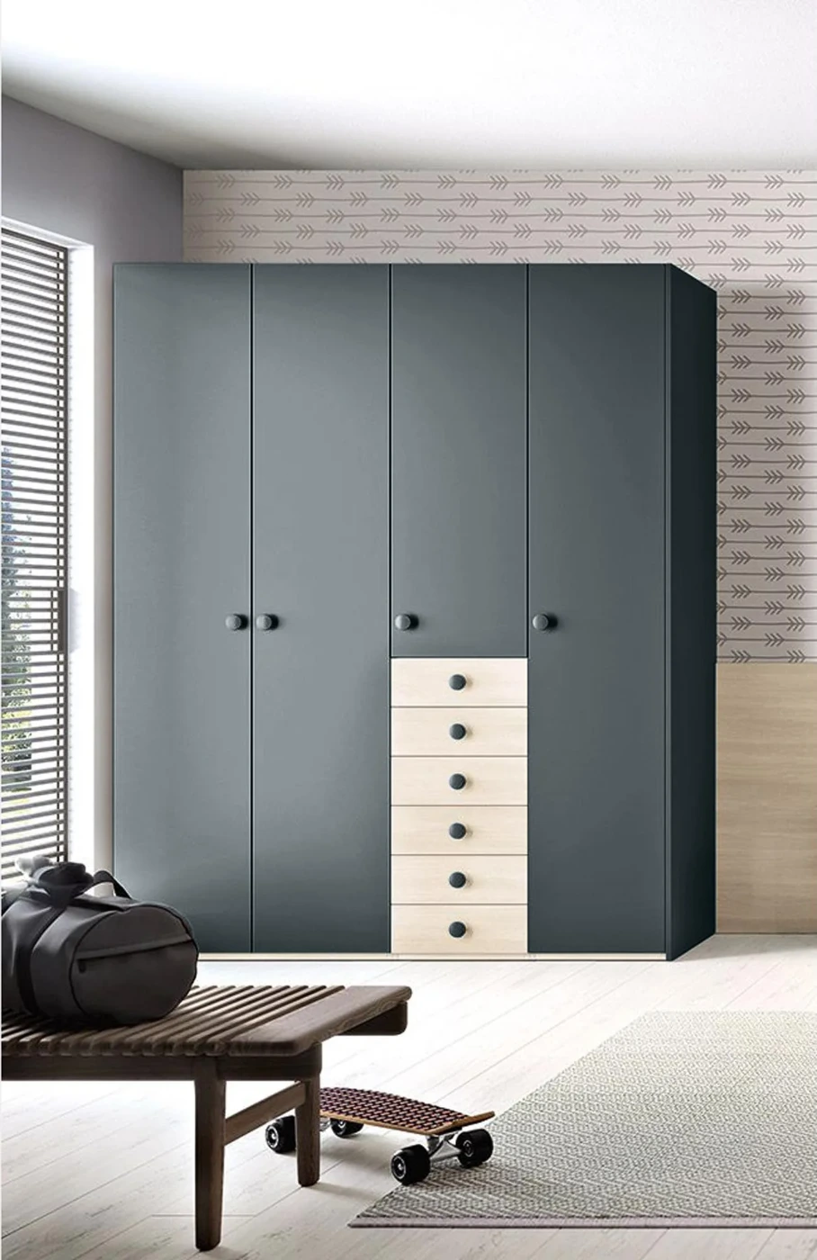 Armadio con 4 ante battenti e 6 cassetti in finitura Rovere ambra e Blu reale