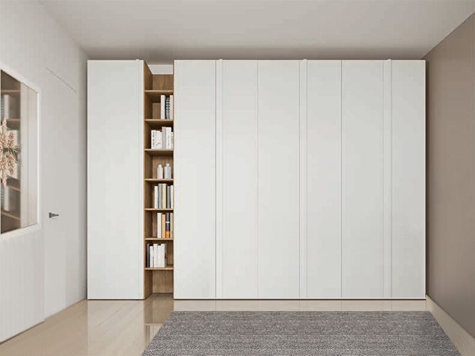 Armadio battente con libreria, 7 ante, finitura Rovere bianco e Rovere cognac