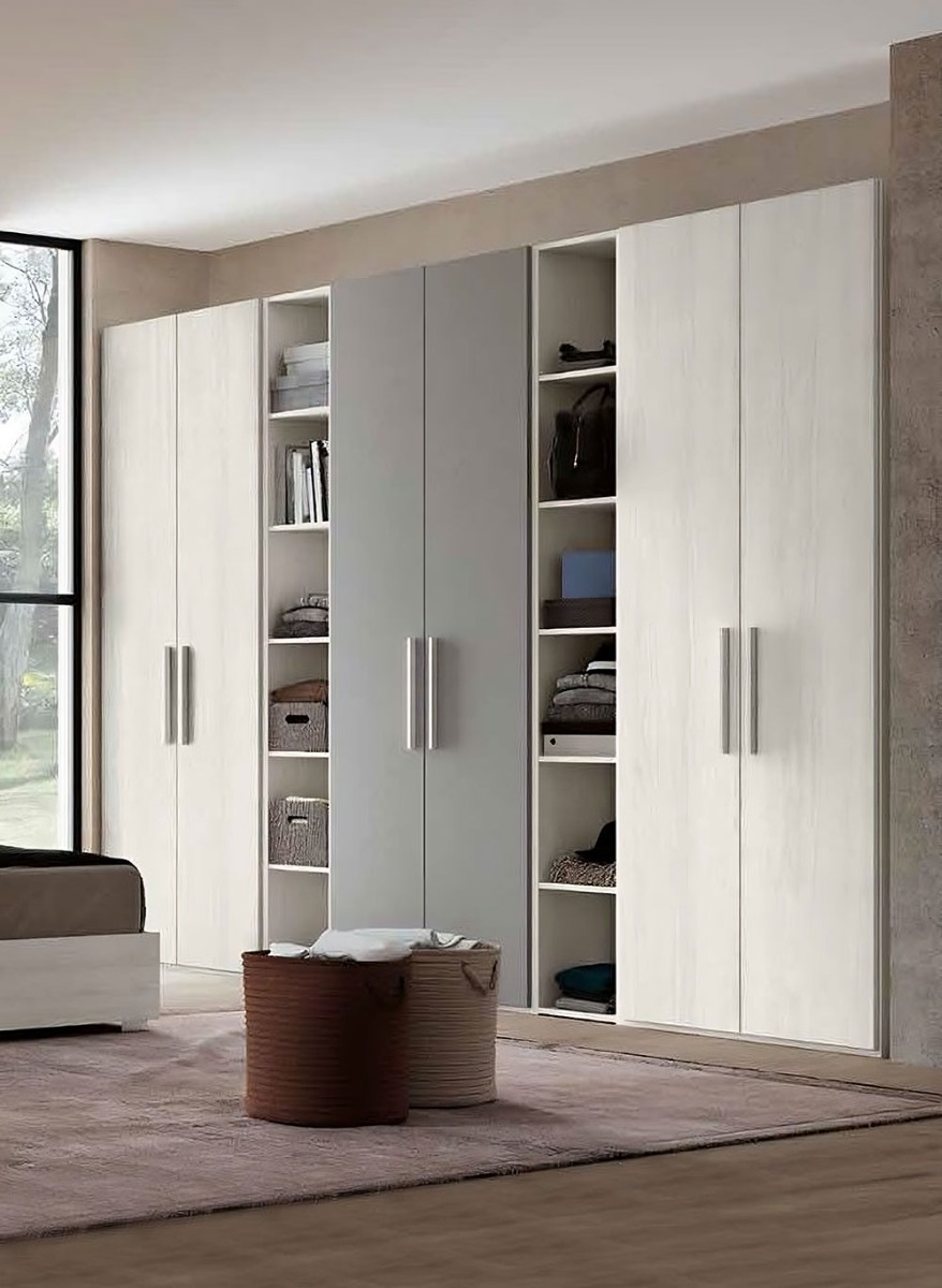 Armadi 2 ante battenti con 2 librerie, finitura Bianco Essenza e Grigio Argento