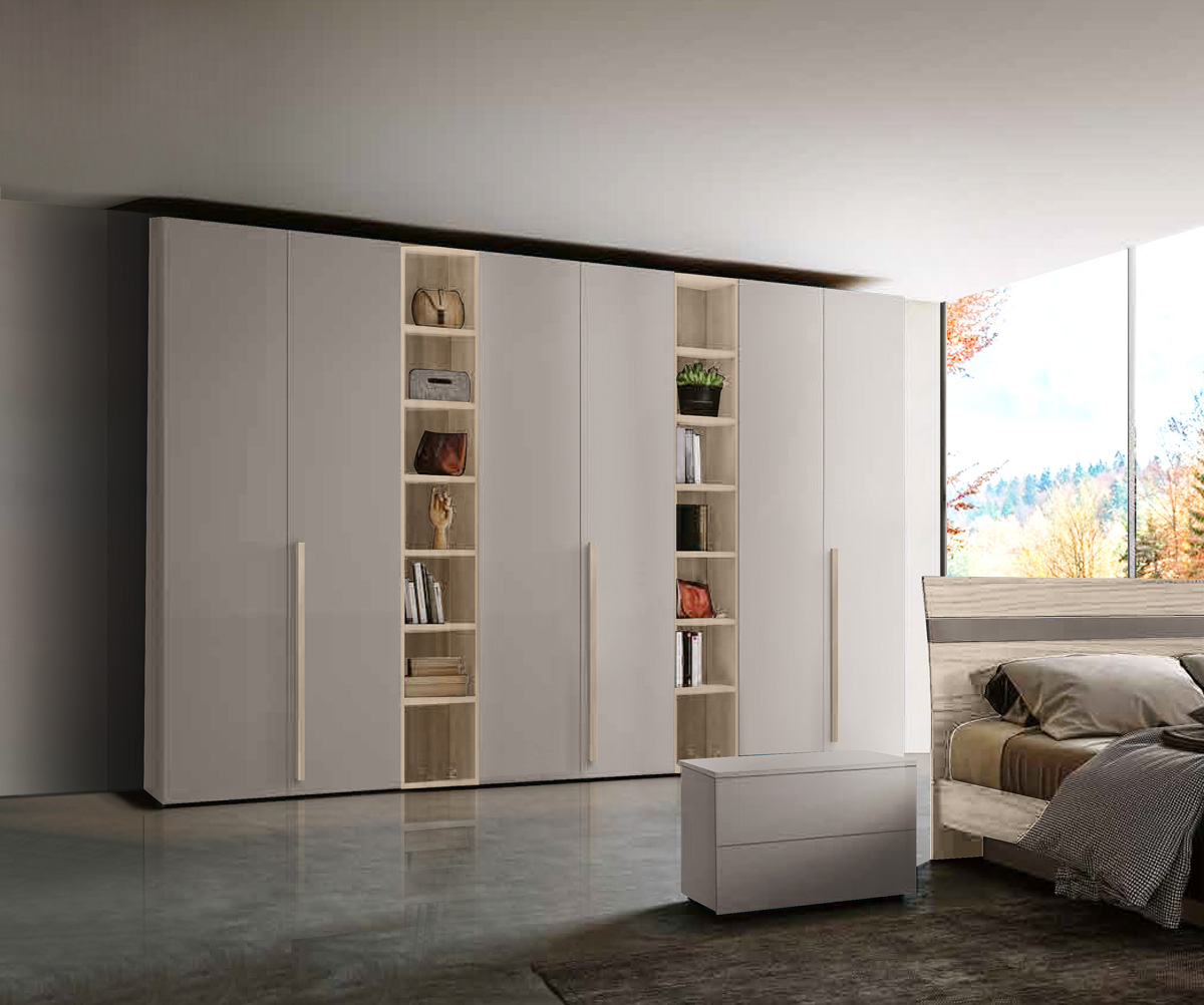 Armadio 6 ante con librerie, finitura Olmo e Grigio seta