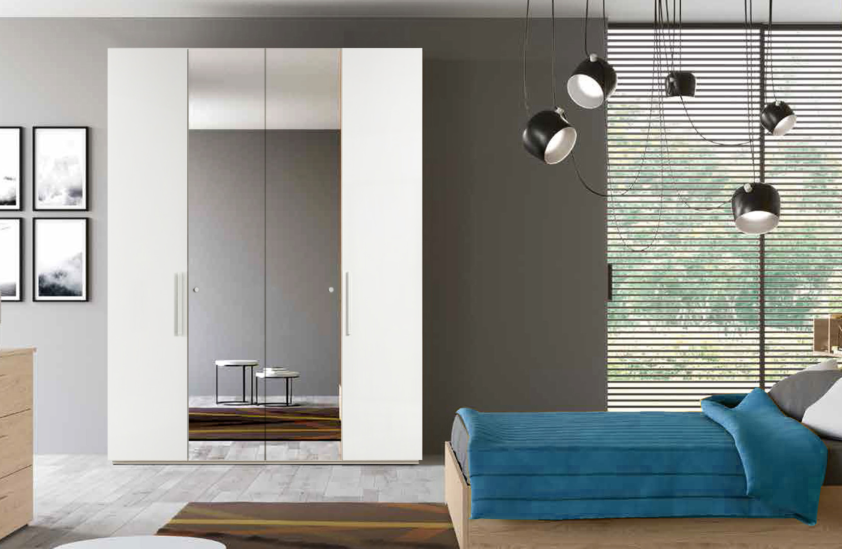 Armadio moderno finitura bianco nobilitato, 4 ante battenti, 2 con specchio