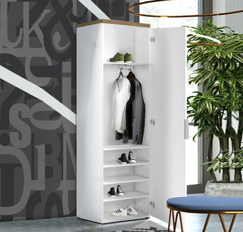 Guardaroba da ingresso, finitura Bianco laccato lucido e Castagno