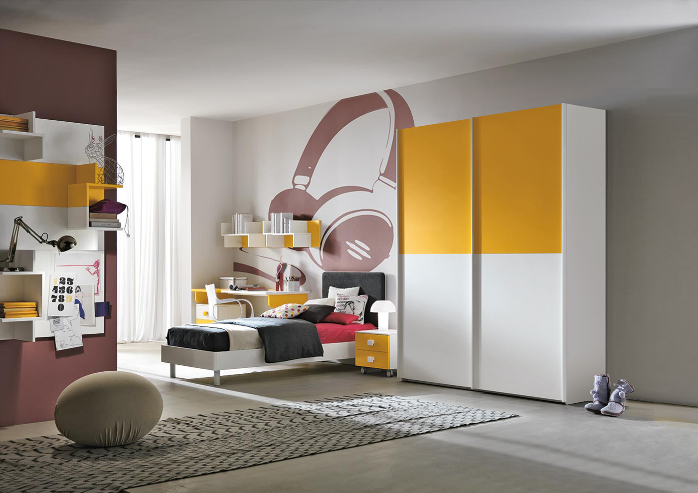 Armadio 2 ante scorrevoli per camerette, Girasole e Bianco frassino