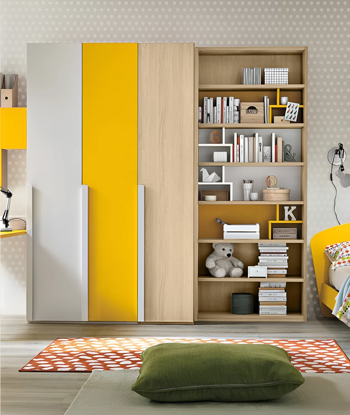 Cameretta moderna per ragazzi in Girasole, Rovere ambra e Bianco frassino