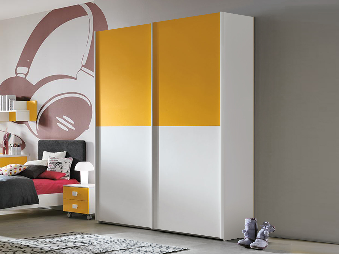 Armadio 2 ante scorrevoli per camerette, Girasole e Bianco frassino