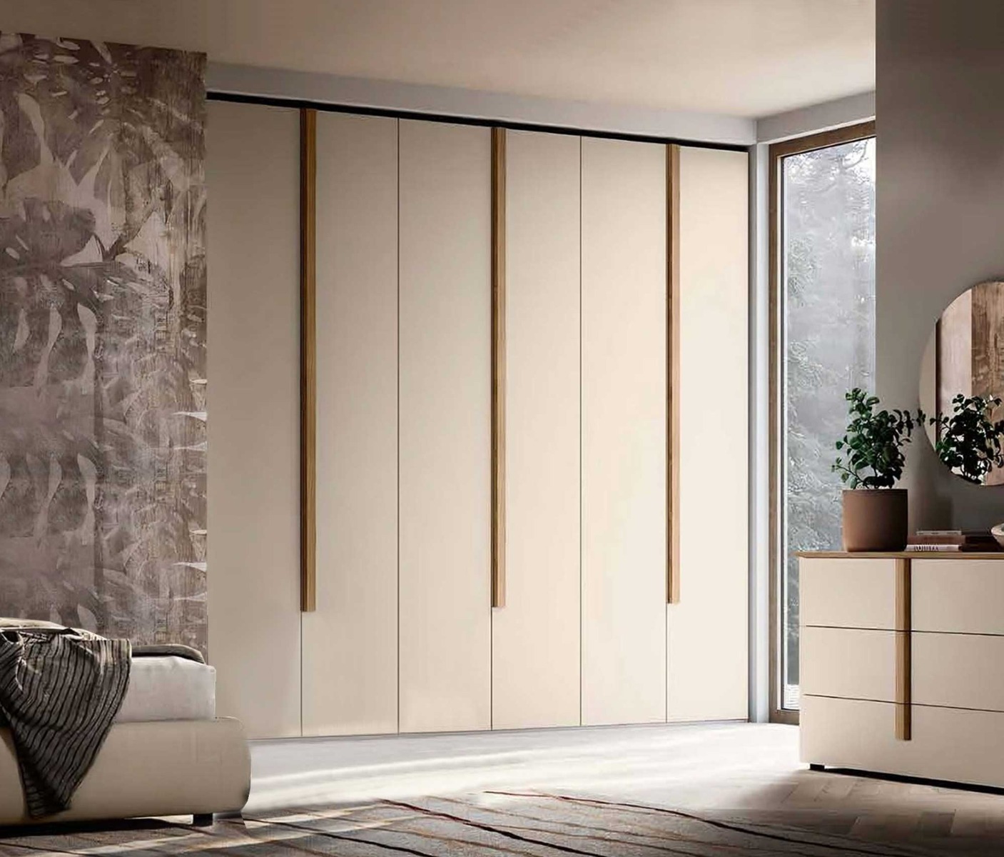 Armadio Orzo con maniglie Noce biondo, 6 ante battenti