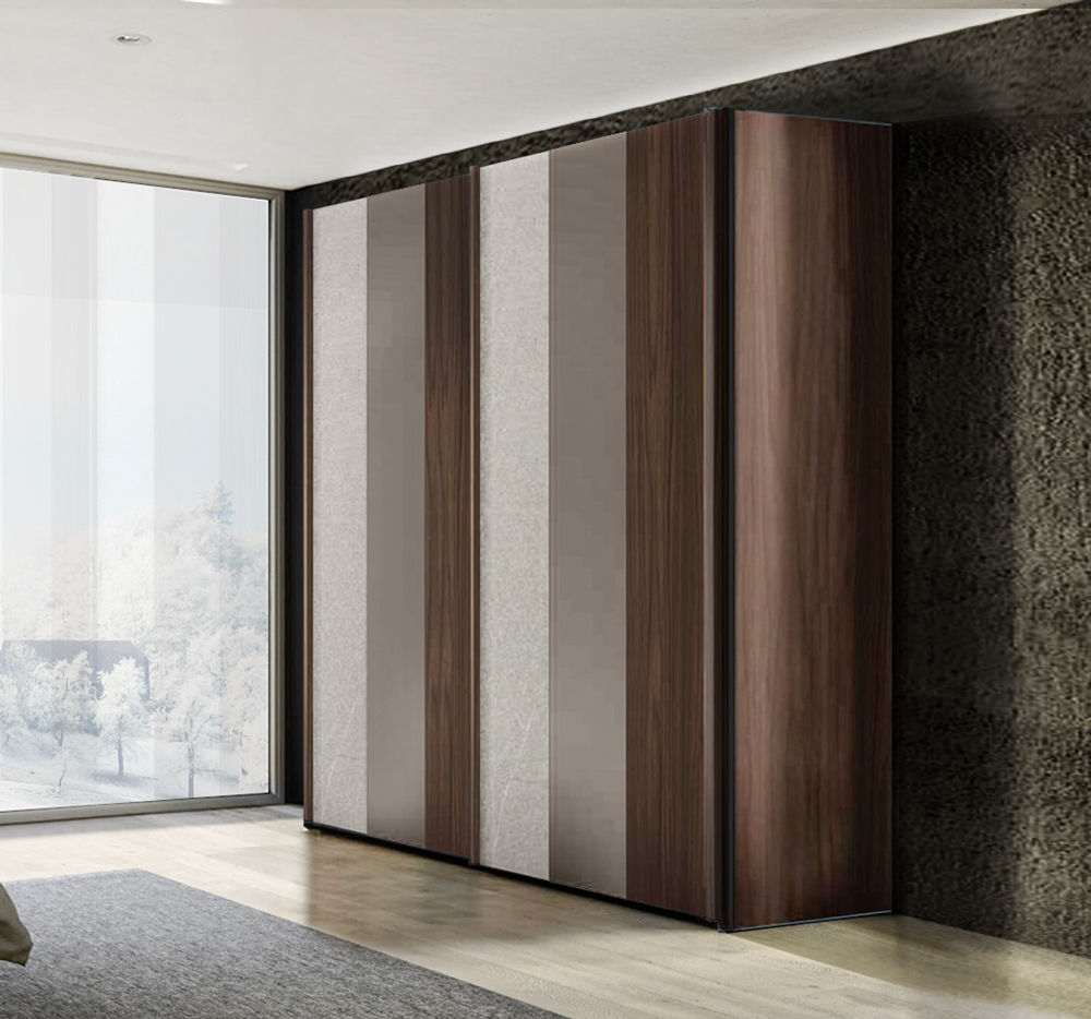 Armadio moderno 2 ante scorrevoli, finitura Noce moro, Grigio cenere e Graniglia chiara