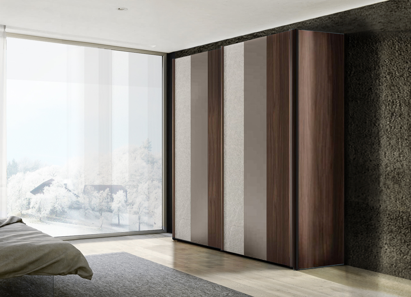 Armadio moderno 2 ante scorrevoli, finitura Noce moro, Grigio cenere e Graniglia chiara