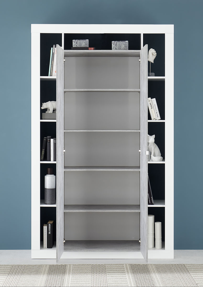 Colonna dispensa a 2 ante moderna, colori Bianco lucido e Cemento