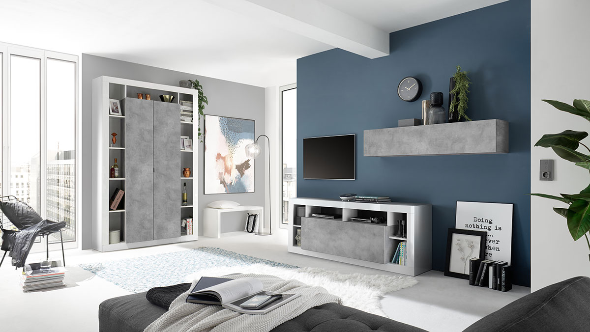 Colonna dispensa a 2 ante moderna, colori Bianco lucido e Cemento