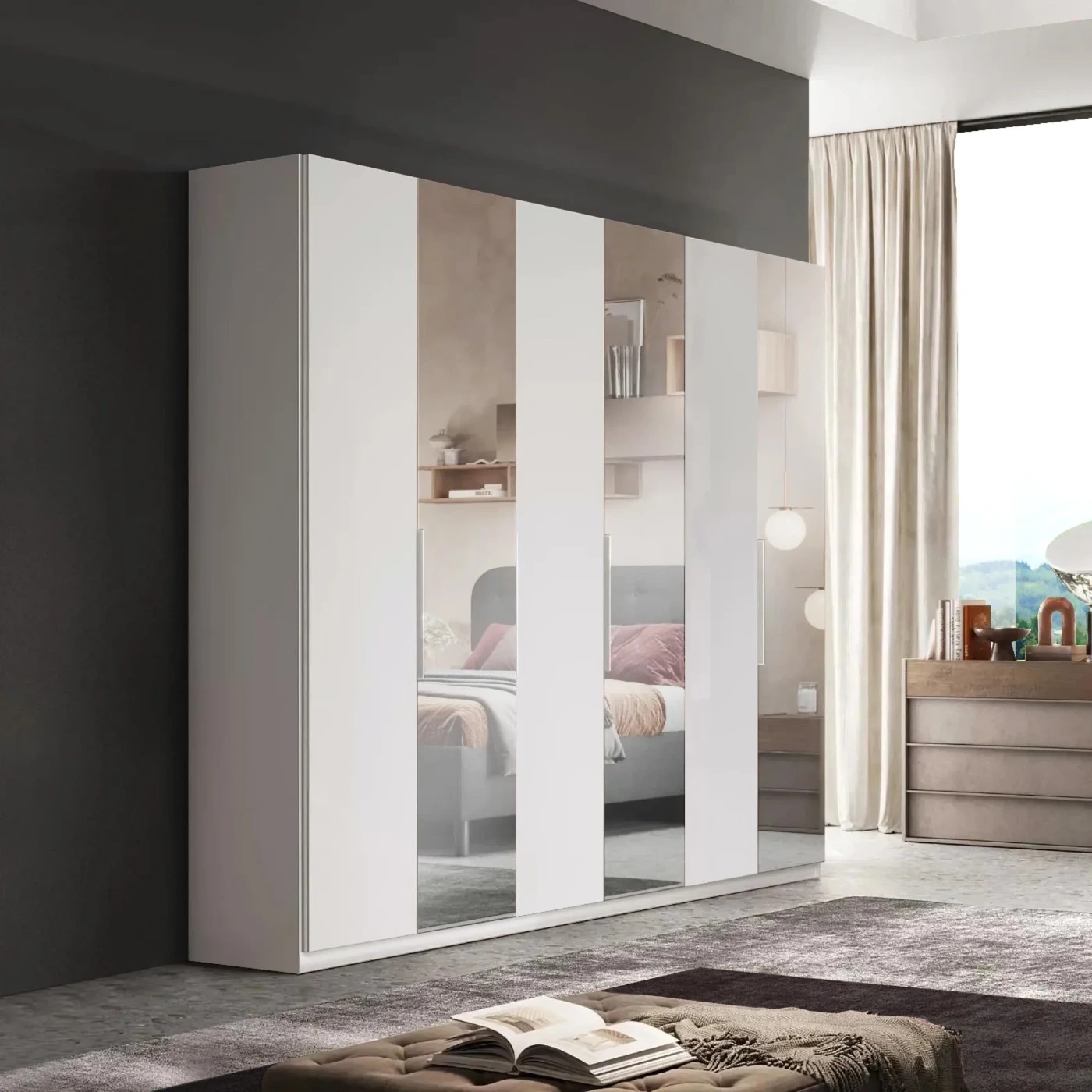 Armadio 6 ante, 274x240h cm, Bianco lucido con specchi, collezione Mondo