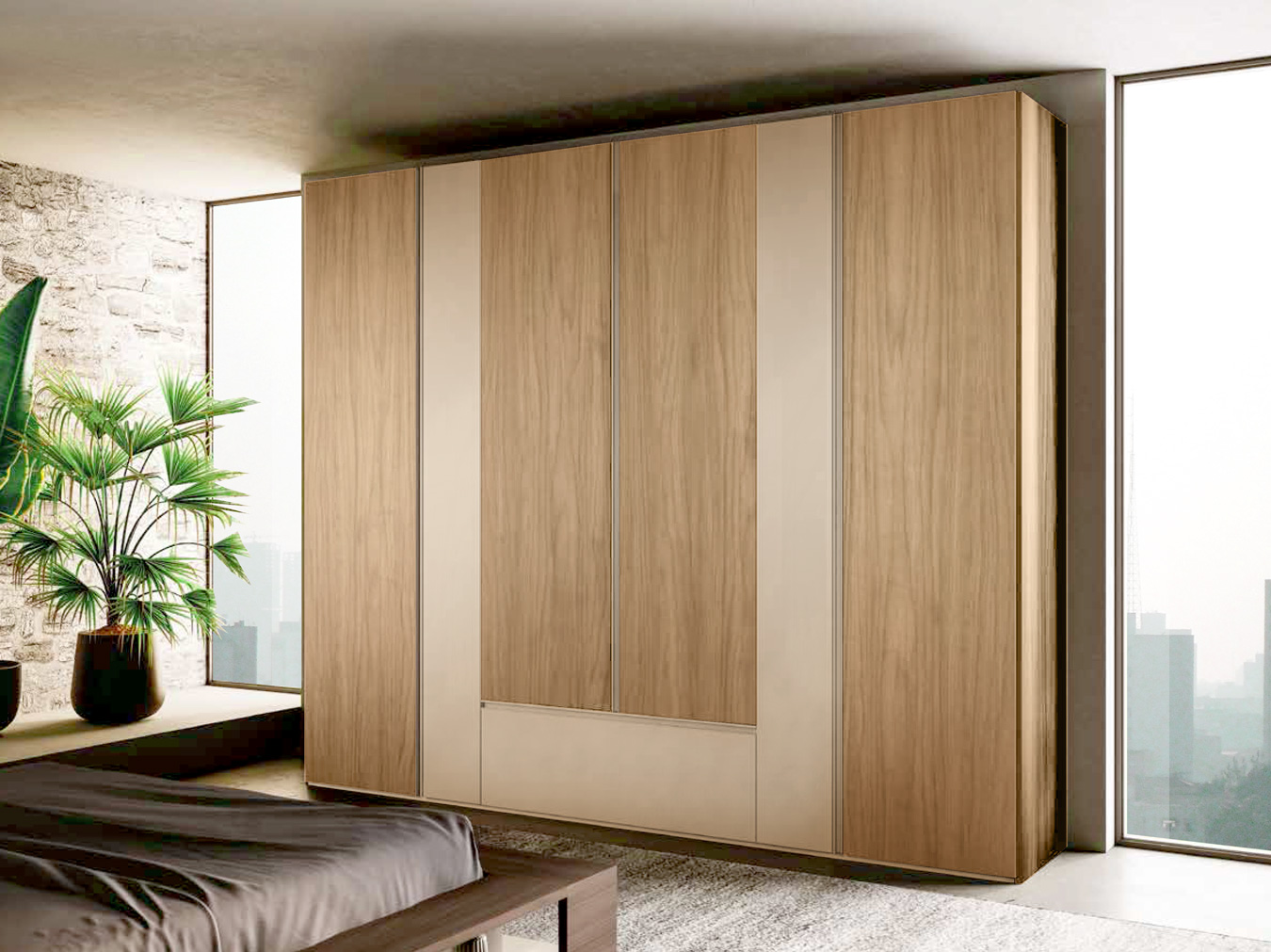 Armadio 6 ante battenti e cassetto, finitura Noce biondo e Orzo