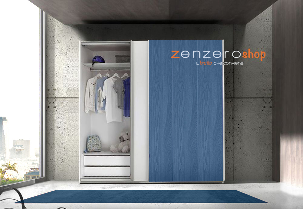 Set zona notte con Armadio Vertigo, Comò e Coppia Comodini, Bianco opaco e Blu