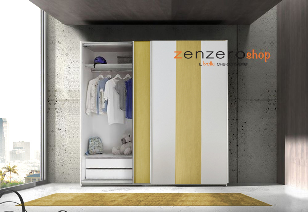 Cameretta moderna con letto imbottito e armadio vertigo GIallo e Bianco