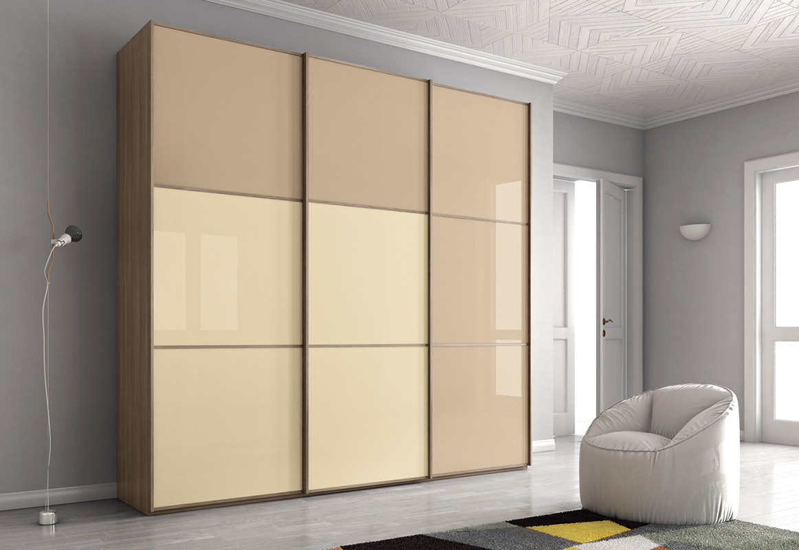 Armadio 3 ante scorrevole, finitura vetro Sabbia, vetro Corda e Olmo