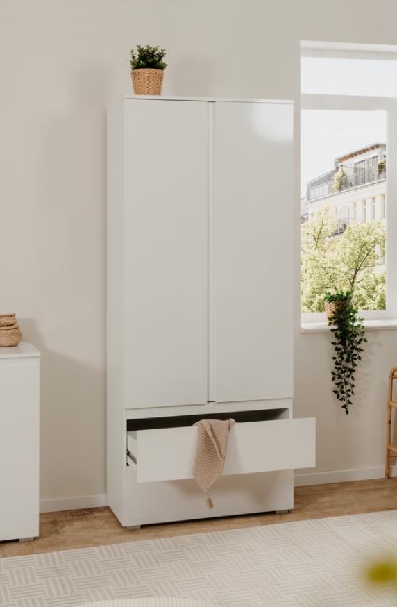 Composizione da ingresso moderna formata da Armadio, Settimino e Madia finitura Bianco lucido Zenzero Shop