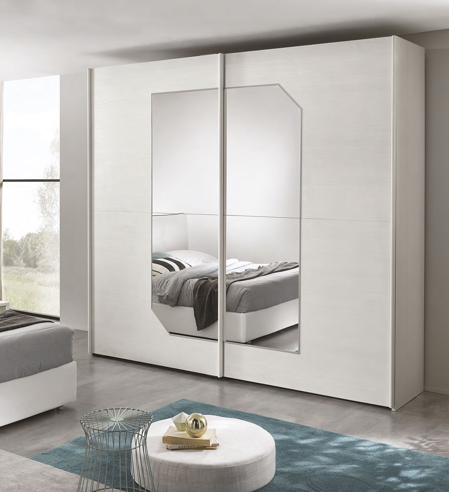 Camera da letto completa, finitura Olmo Bianco e ecopelle con dettagli Visone