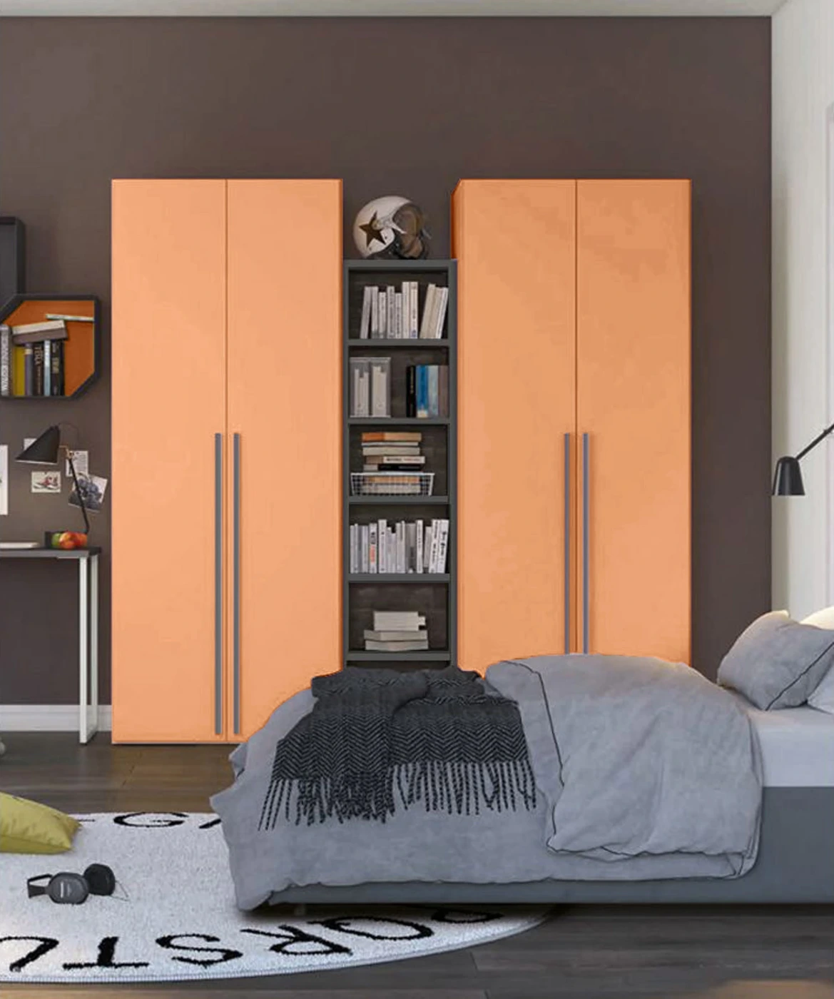 Armadi 2 ante battenti con libreria 5 ripiani, finitura Papaya e Grigio Titanio