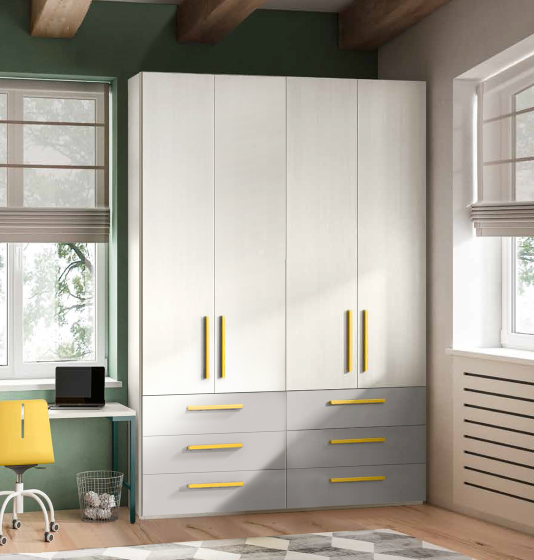 Armadio scontato per camerette in finitura Bianco larice, Grigio seta e Giallo grano 