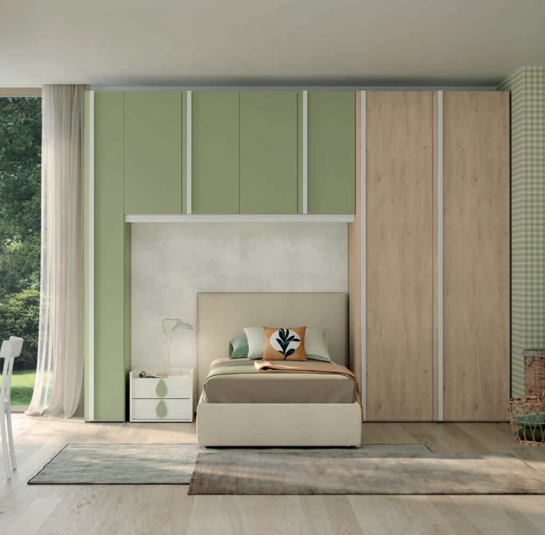 Armadio a ponte per camerette, finitura Royal oak, Cemento artico e Oliva