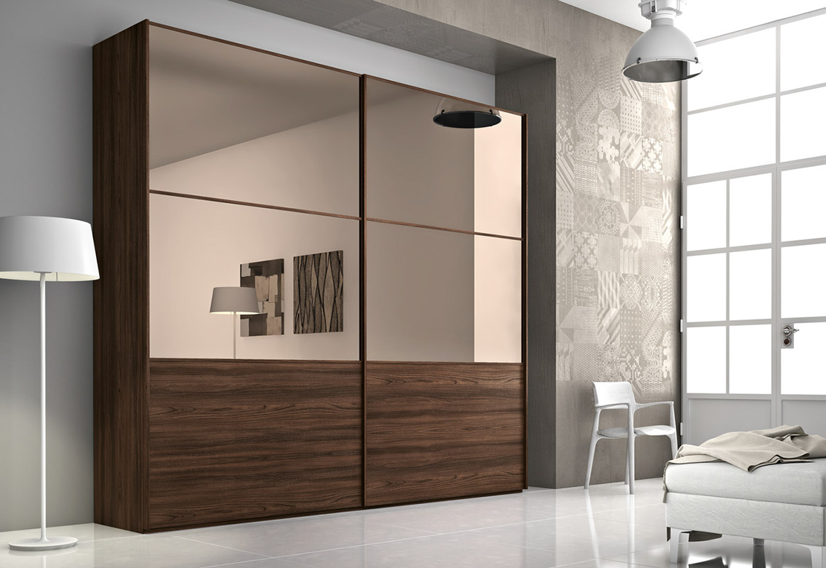 Armadio 2 ante scorrevoli con specchio Bronzo e Quercia brown
