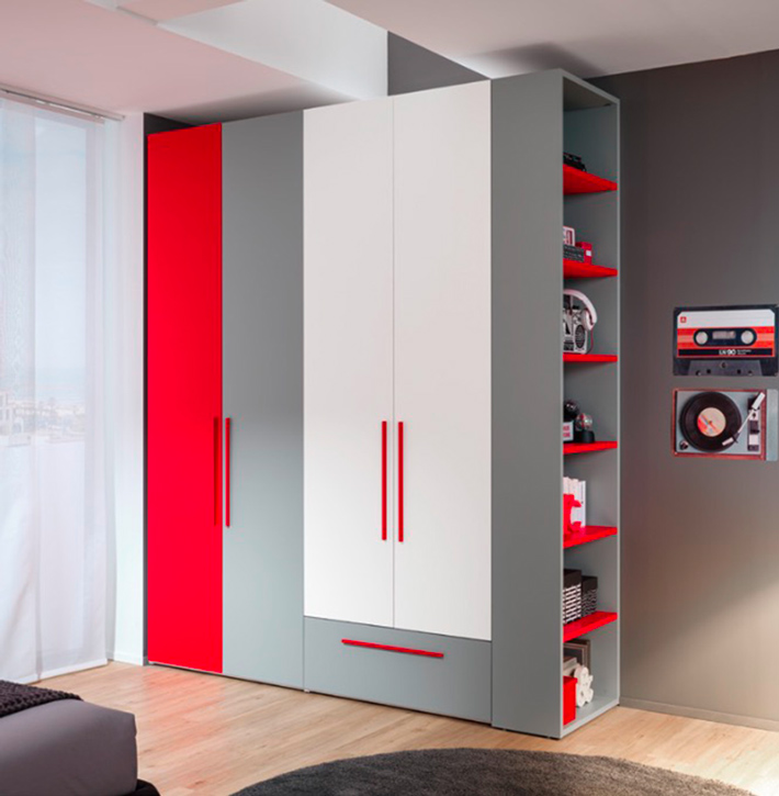 Armadio battente camerette con libreria Moretti Compact, Bianco, Grafite e Ciliegia