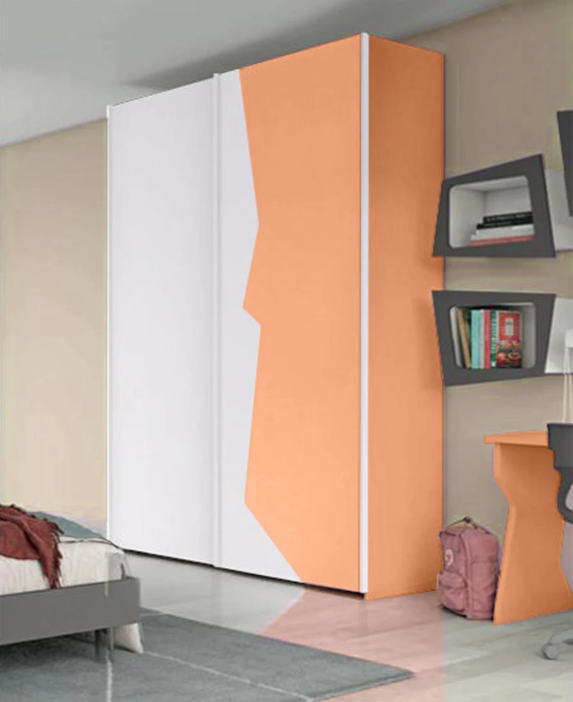 Armadio con 2 ante scorrevoli bicolore in finitura Papaya e Bianco Opaco