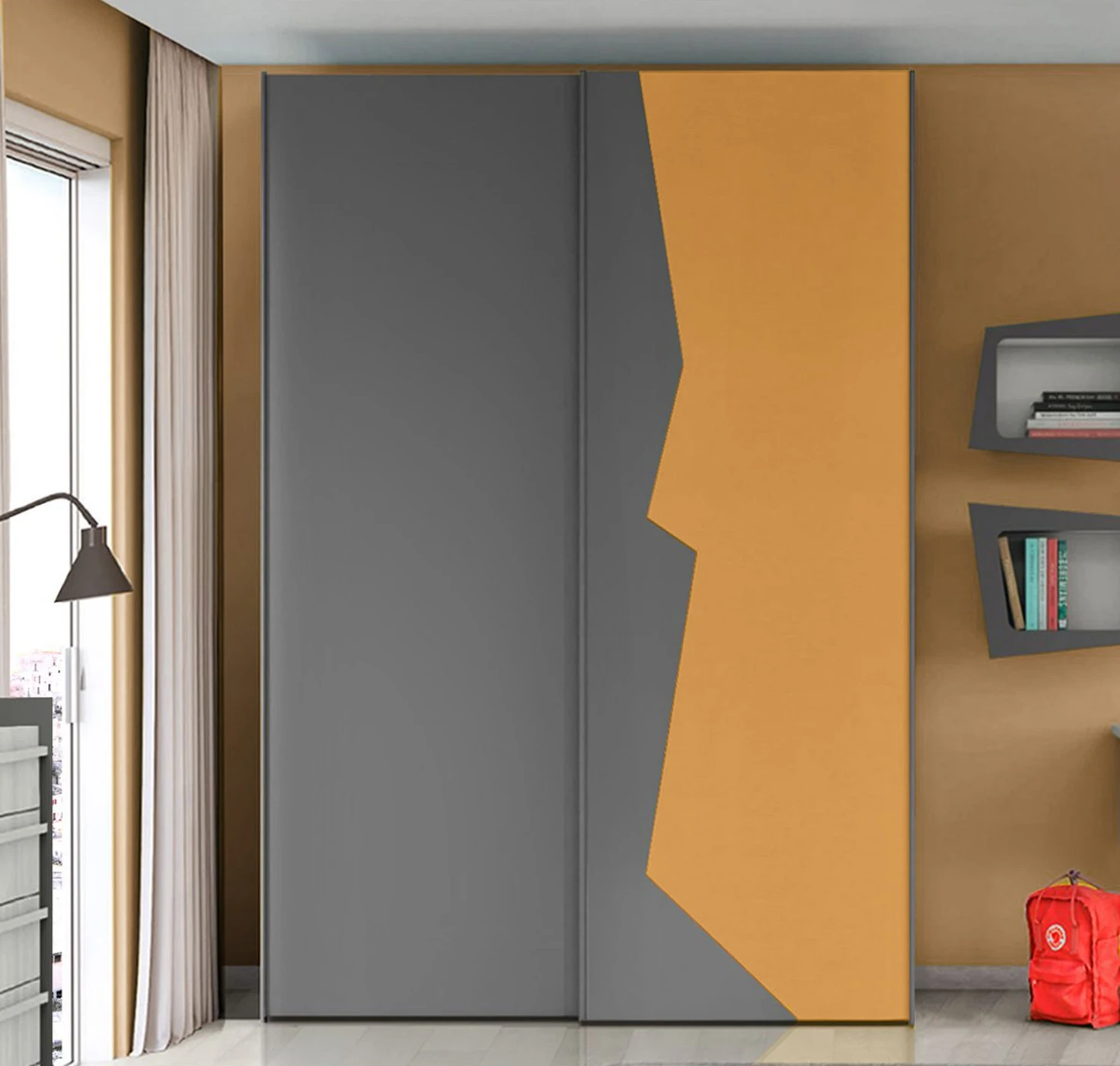 Armadio con 2 ante scorrevoli bicolore in finitura Grigio Titanio e Miele