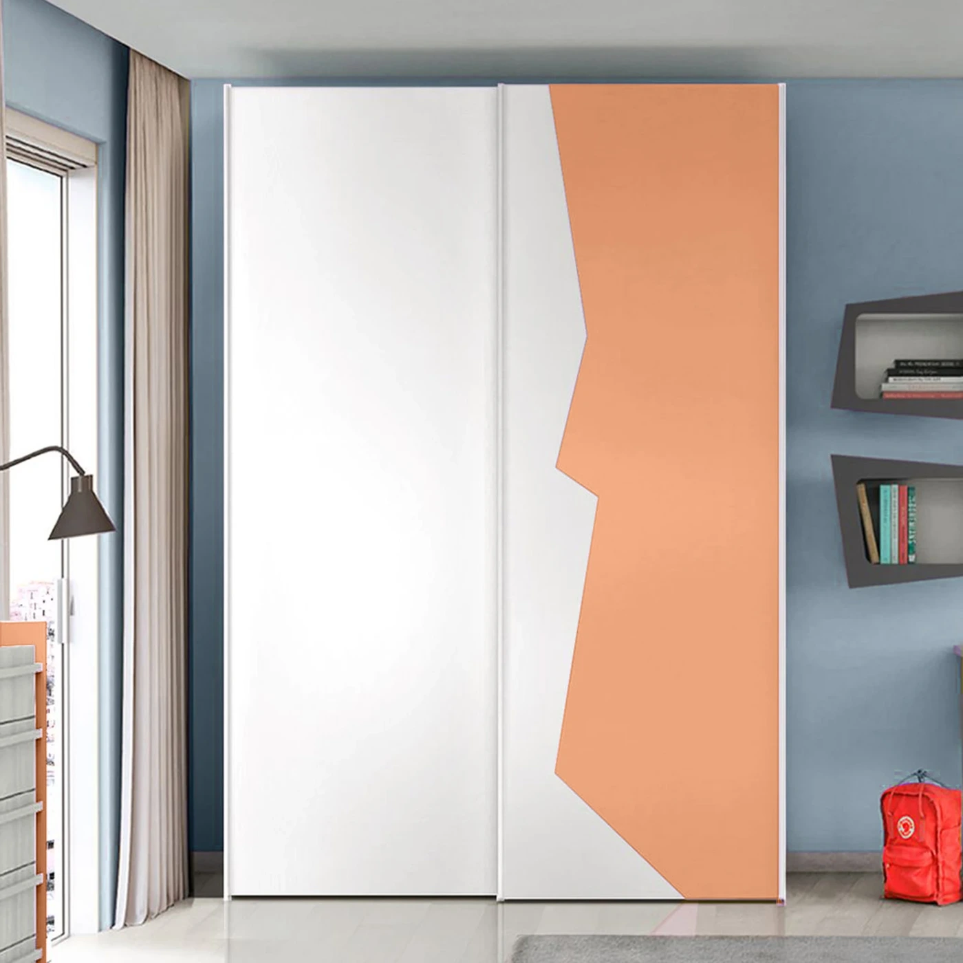 Armadio con 2 ante scorrevoli bicolore in finitura Papaya e Bianco Opaco