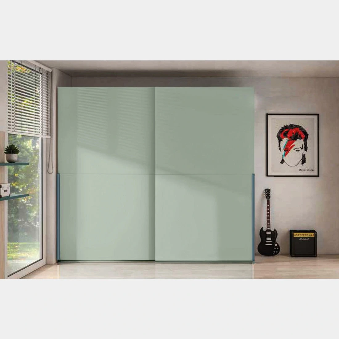 Armadio a 2 ante scorrevoli, finitura Agave e petrolio Zenzero Shop