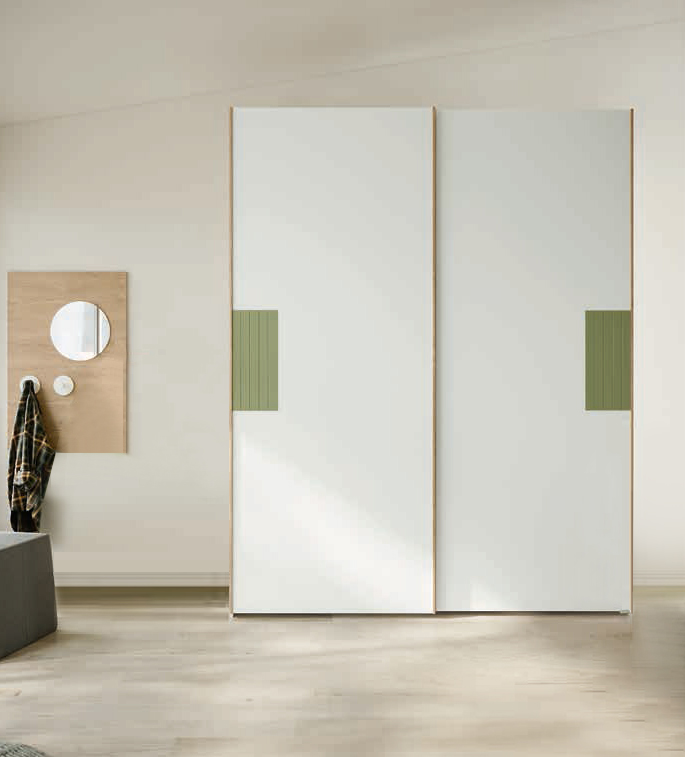 Armadio camerette scorrevole 2 ante, finitura Bianco opaco, Oliva e Royal oak