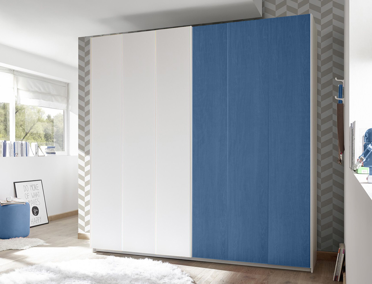 Set zona notte con Armadio Vertigo, Comò e Coppia Comodini, Bianco opaco e Blu