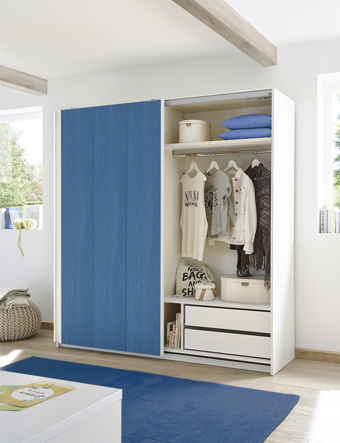 Set zona notte con Armadio Vertigo, Comò e Coppia Comodini, Bianco opaco e Blu