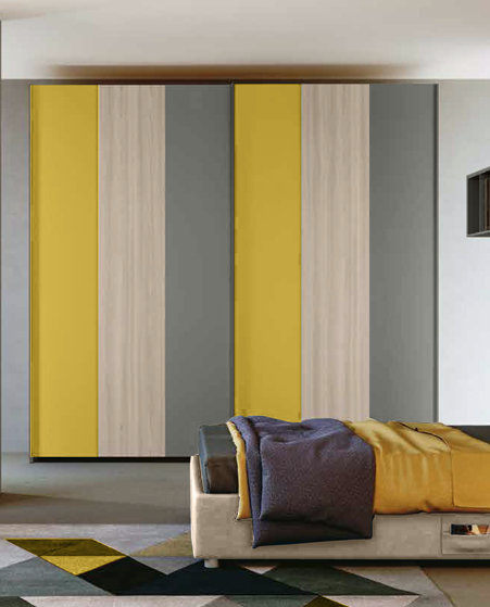Armadio scorrevole moderno, 2 ante in finitura Grigio cenere, Giallo cedro e Olmo Zenzero Shop