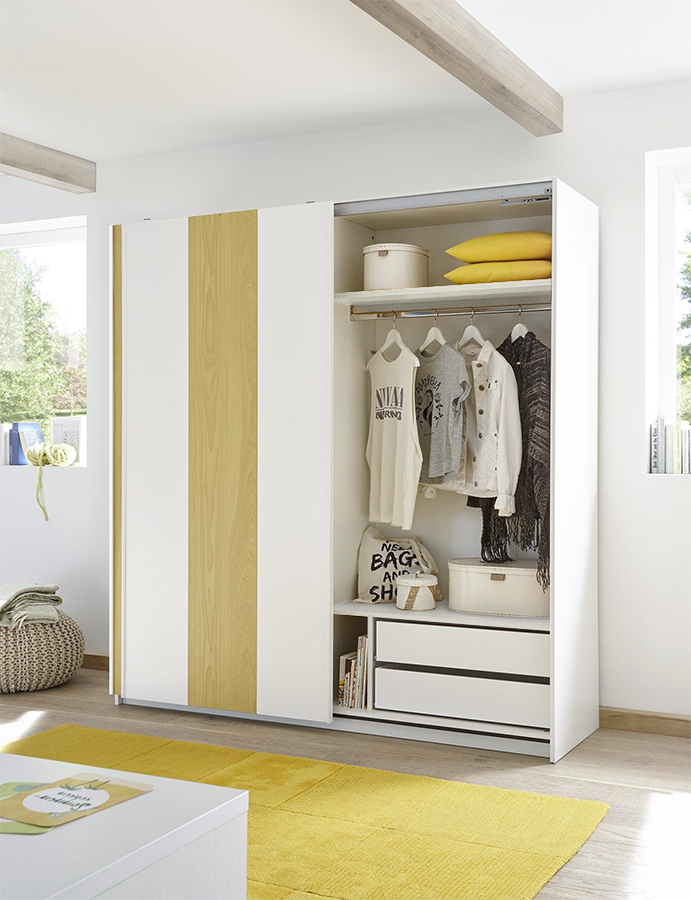 Cameretta moderna con letto imbottito e armadio vertigo GIallo e Bianco