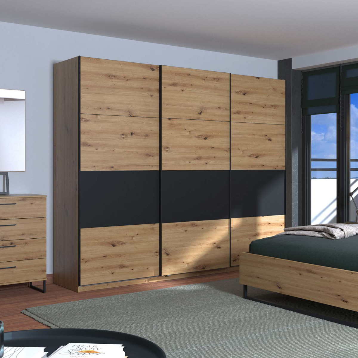 Armadio scorrevole 3 ante, finitura Rovere e Nero