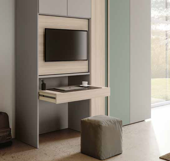 Armadio con vano tv e scrivania estraibile, Agave, Grigio seta e Olmo natura