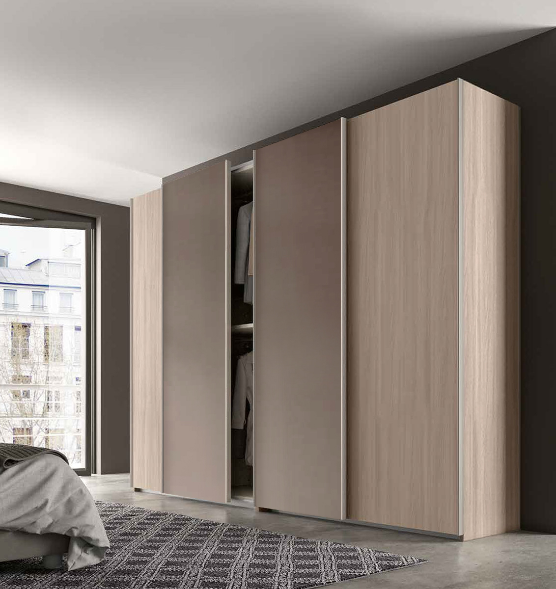 Armadio a 4 ante scorrevoli  in finitura Olmo natura e spatolato Bronzo