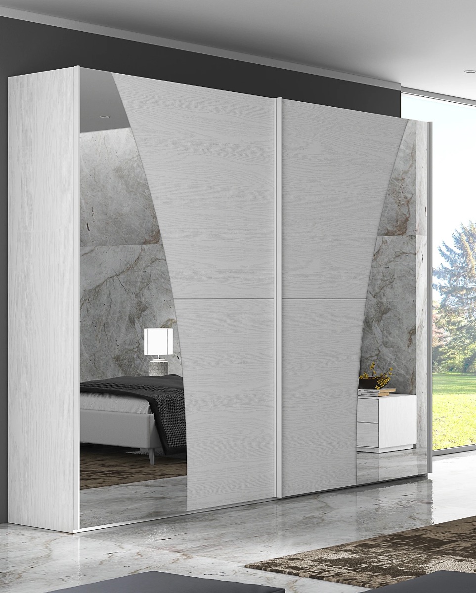 Camera da letto Sula con maxi armadio con specchi, comodini e letto finitura grigio chiaro e grigio scuro 