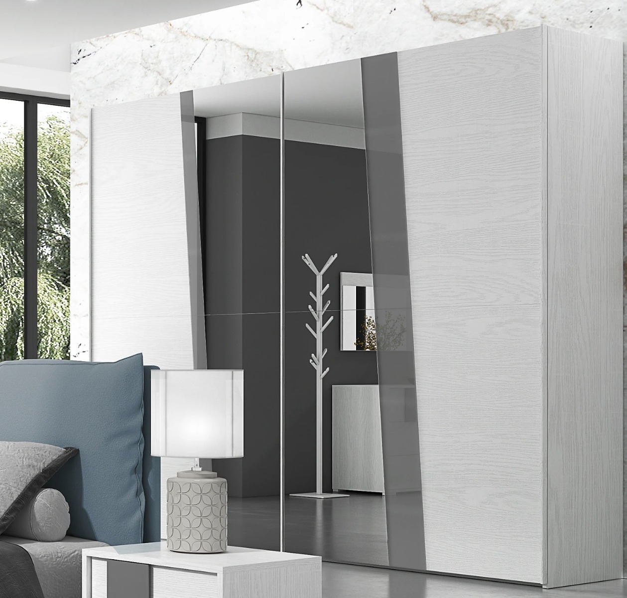 Camera da letto Sialia con maxi armadio scorrevole e letto in ecopelle Azzurro