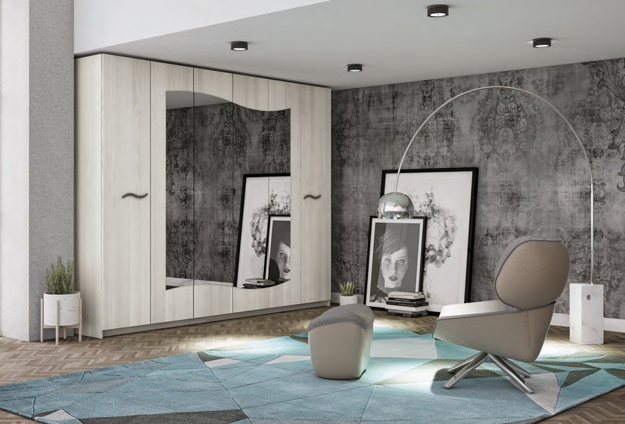 Armadio battente 6 ante con specchio sagomato, finitura Olmo Bianco